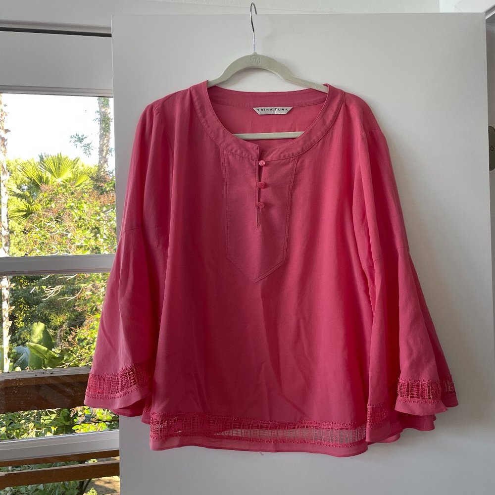 Trina‎ Turk Gossip Bell-Sleeve Top in Pink with Embroidery Detailing, Size XL